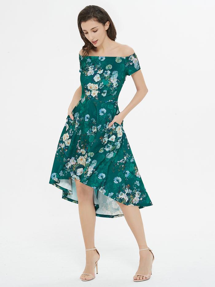 Dressystar Floral Dressed Up Green Floral Print High-Low Dress