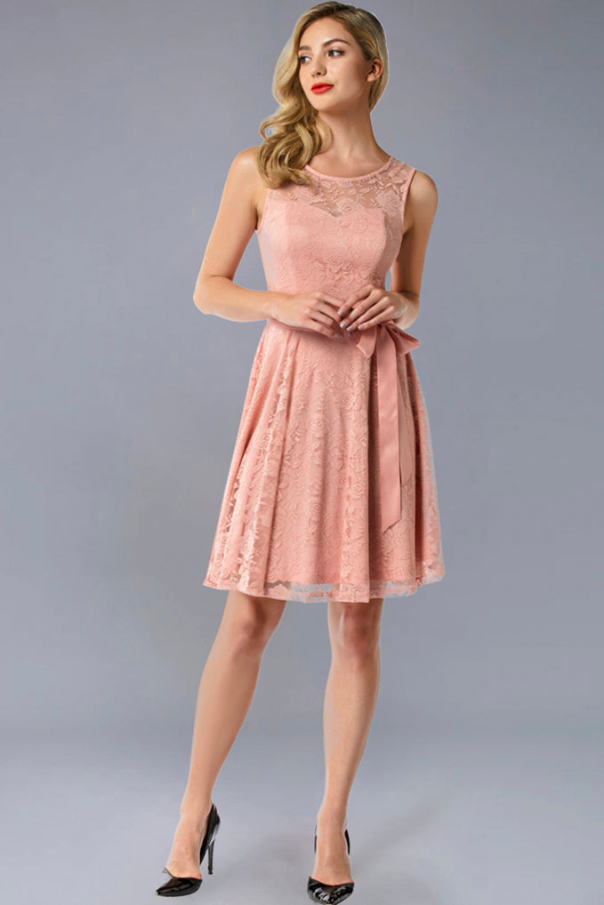 Dressystar Floral Lace Short Bridesmaid Dresses With Sheer Neckline