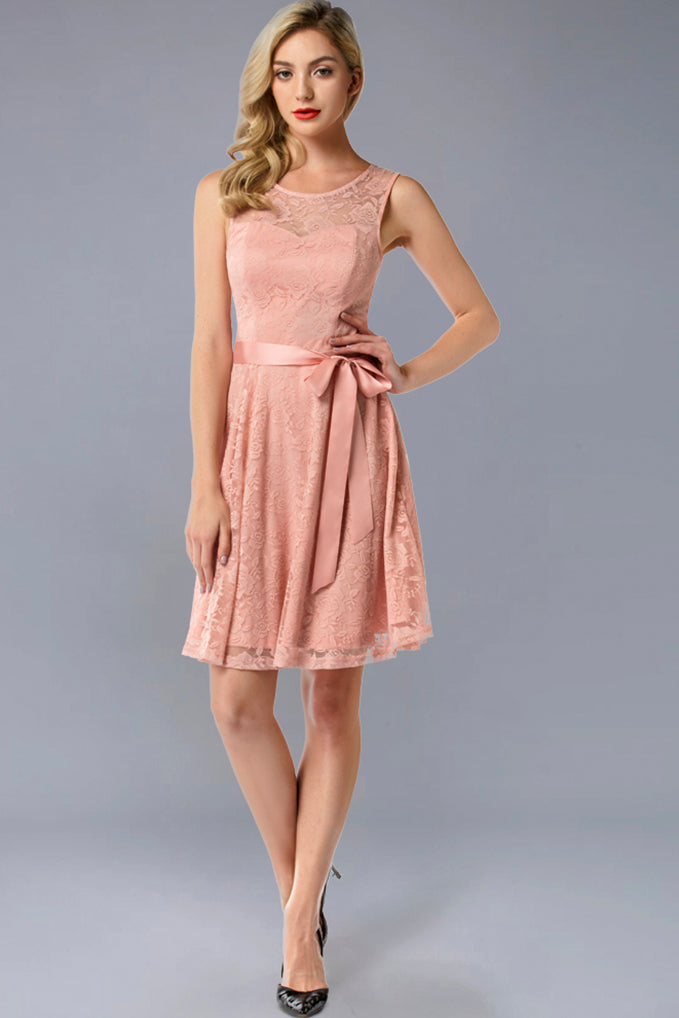 dressystar Floral Lace Short Bridesmaid Dresses with Sheer Neckline