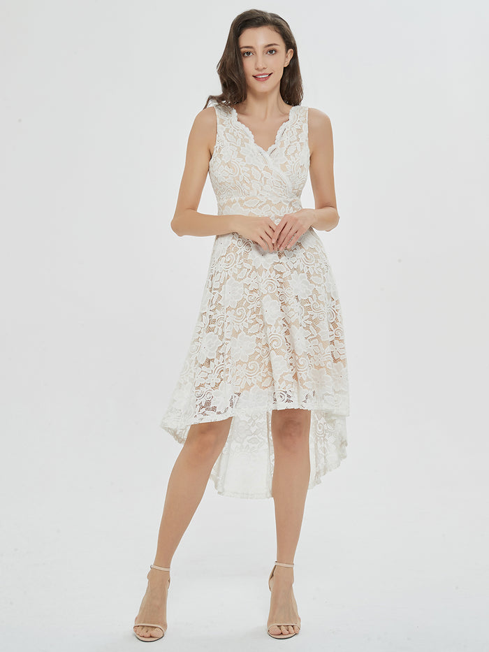 Dressystar Love Swept White Sleeveless Lace High-Low Midi Dress