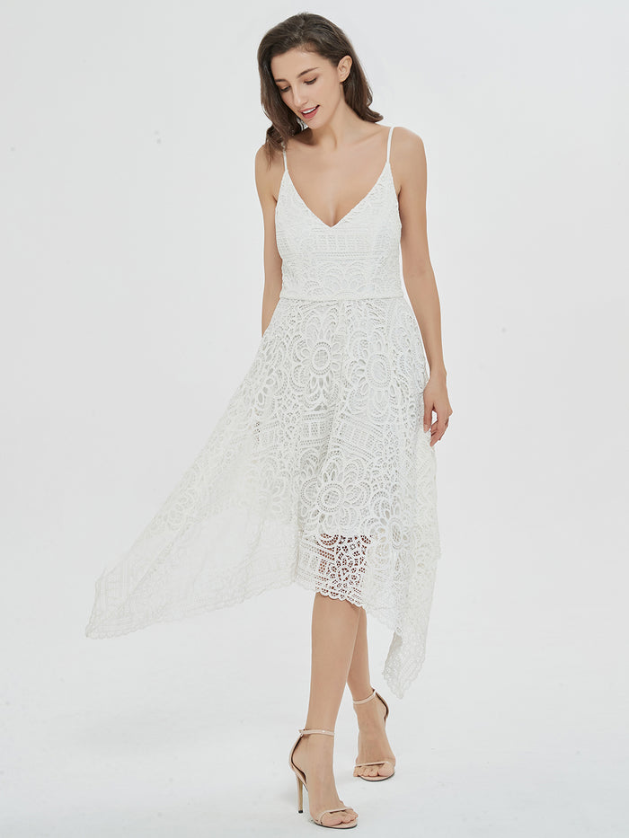Dressystar Romantic Swing White Lace Asymmetrical Midi Dress