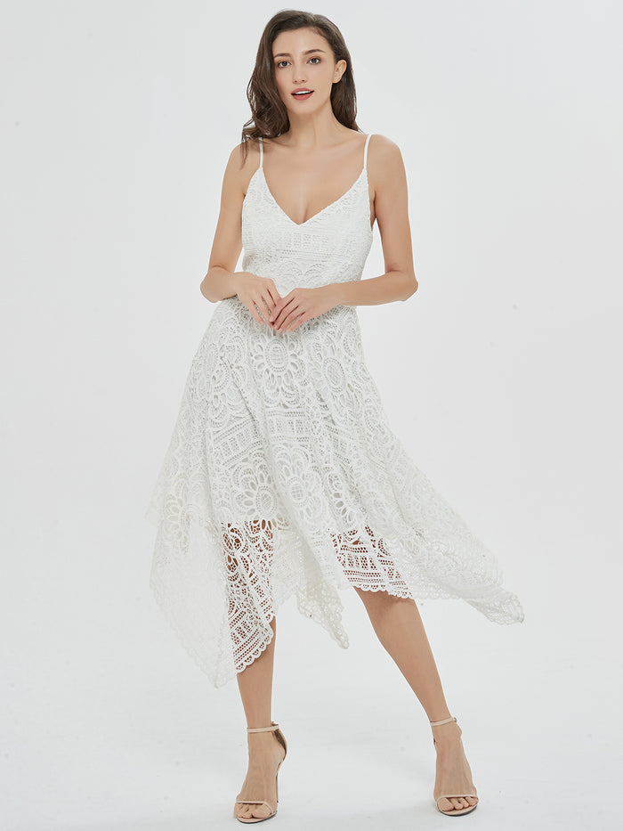 Dressystar Romantic Swing White Lace Asymmetrical Midi Dress