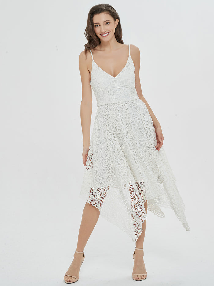 dressystar Romantic Swing White Lace Asymmetrical Midi Dress