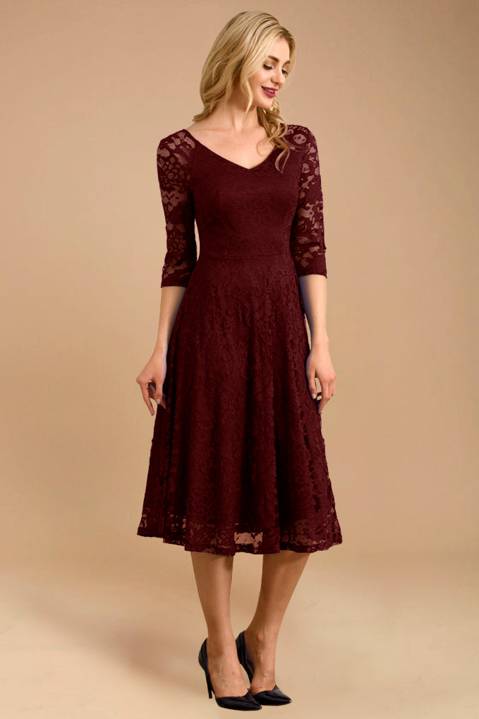 Dressystar Three-Quarter Sleeve Lace Midi Dress Burgundy