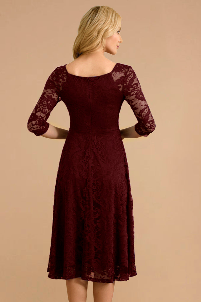 Dressystar Three-Quarter Sleeve Lace Midi Dress Burgundy