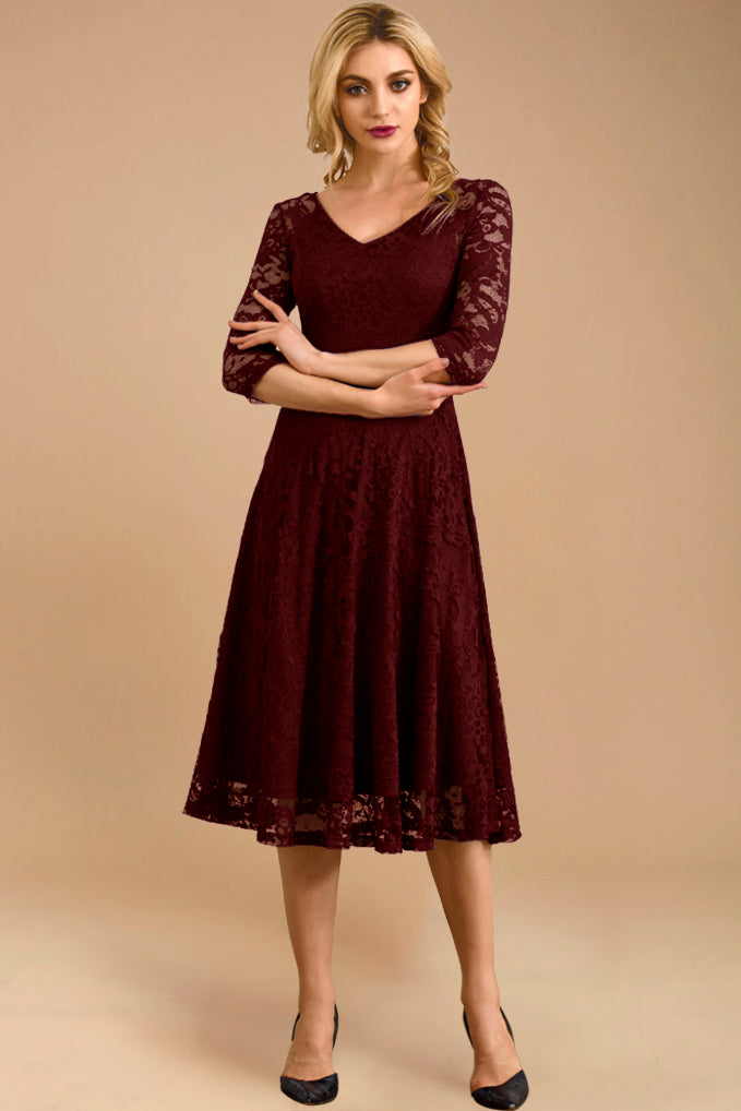dressystar Three-Quarter Sleeve Lace Midi Dress Burgundy