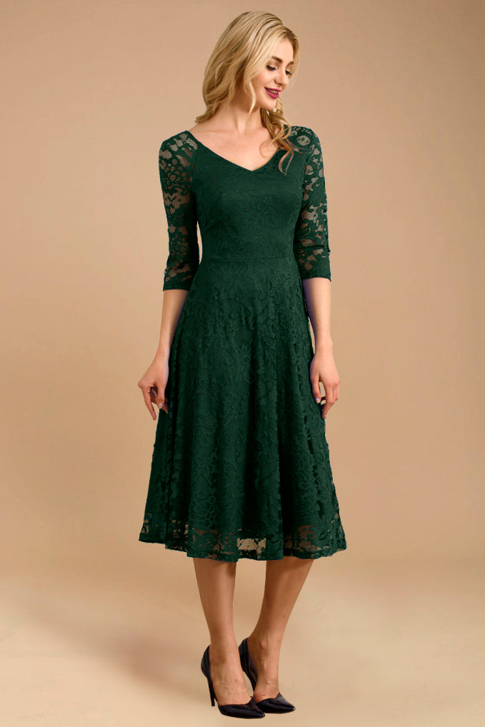 Dressystar Three-Quarter Sleeve Lace Midi Dress Dark Green