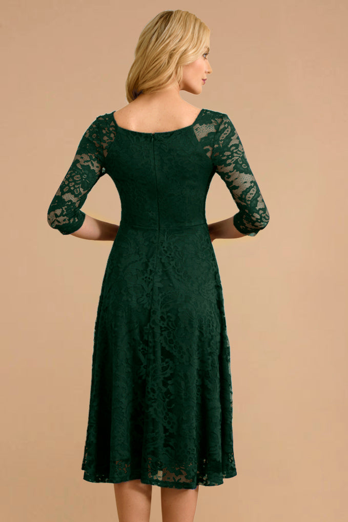 Dressystar Three-Quarter Sleeve Lace Midi Dress Dark Green