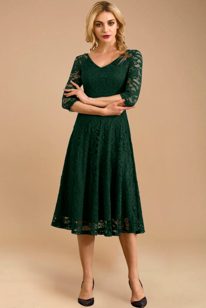 dressystar Three-Quarter Sleeve Lace Midi Dress Dark Green