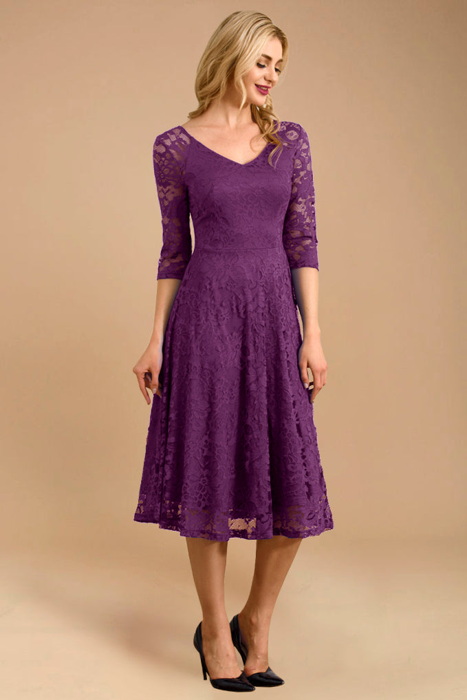 Dressystar Three-Quarter Sleeve Lace Midi Dress Purple