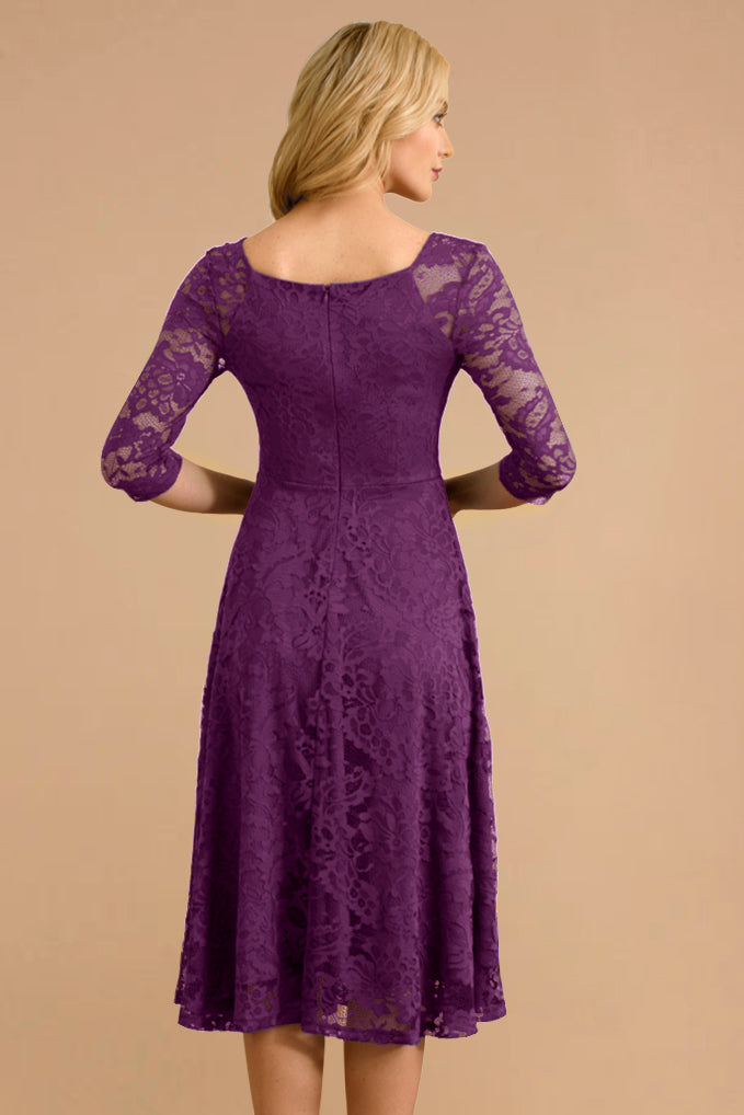 Dressystar Three-Quarter Sleeve Lace Midi Dress Purple