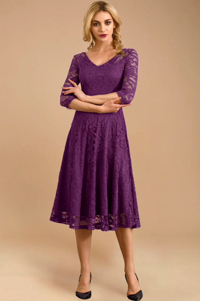 dressystar Three-Quarter Sleeve Lace Midi Dress Purple