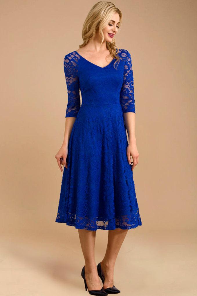 Dressystar Three-Quarter Sleeve Lace Midi Dress Royal Blue