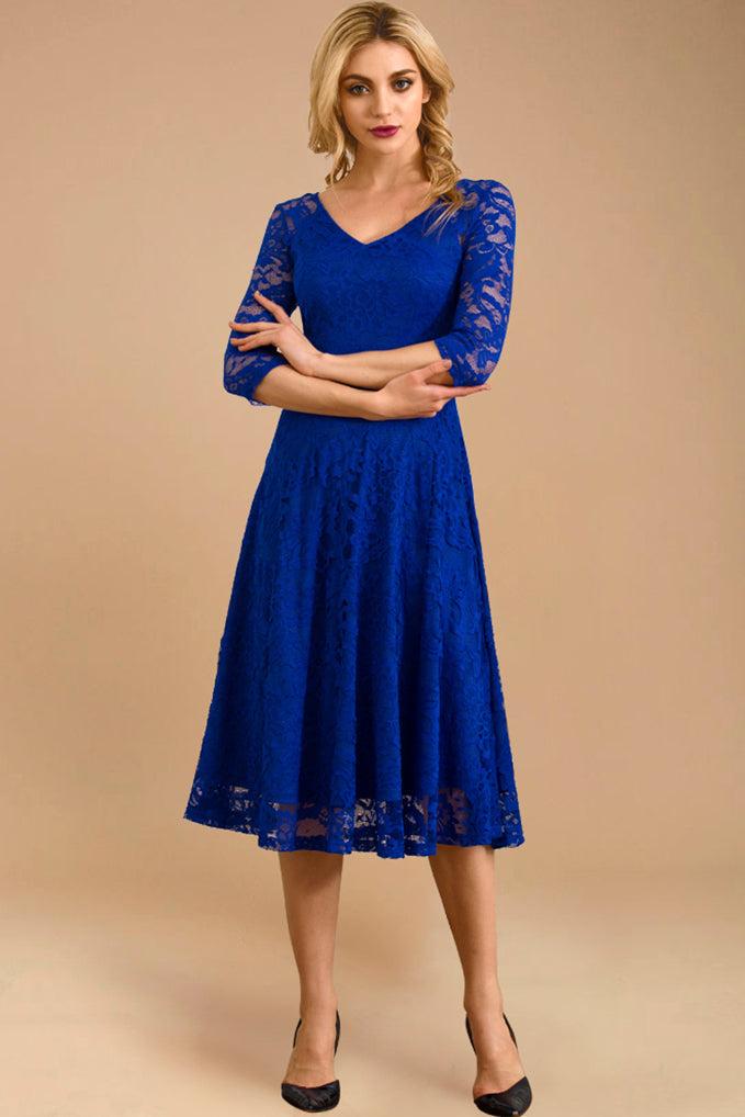 dressystar Three-Quarter Sleeve Lace Midi Dress Royal Blue