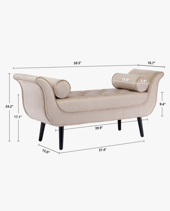 Duhome Florence Roll Arm Tufted Velvet Bench With Bolster Pillows