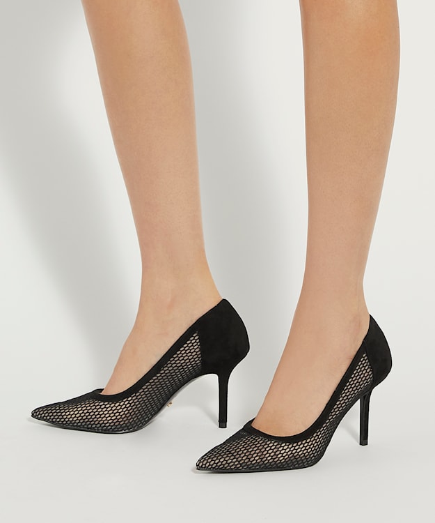 Dune London Accept - Black Pointed Toe Mesh Court Shoes