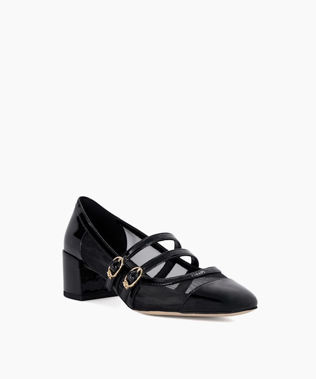 Dune London Appreciate - Black Mesh Double Strap Block Heel Sandals