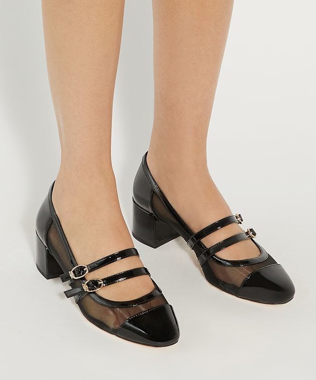 Dune London Appreciate - Black Mesh Double Strap Block Heel Sandals