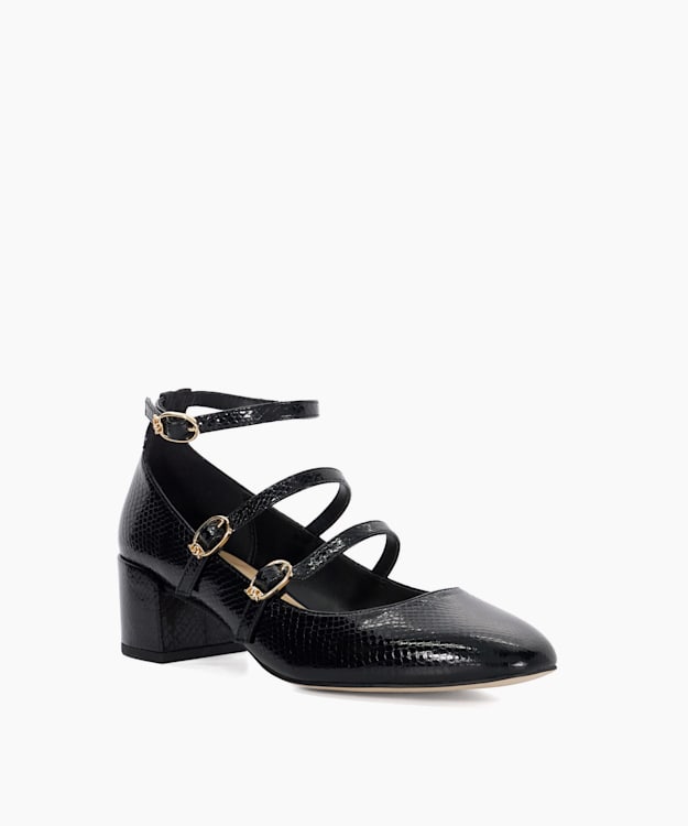 Dune London Approach - Black Croc Effect Low Heel Court Shoes