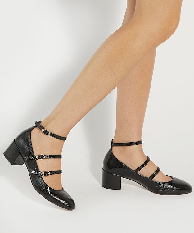 Dune London Approach - Black Croc Effect Low Heel Court Shoes