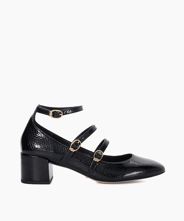 dune london Approach - Black Croc Effect Low Heel Court Shoes