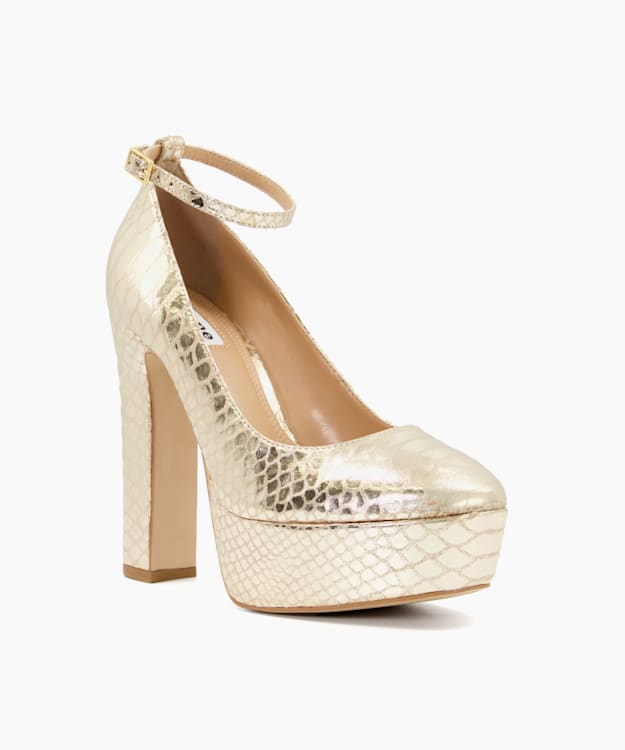 Dune London Artist - Gold Ankle-Strap Metallic-Leather Platform Courts