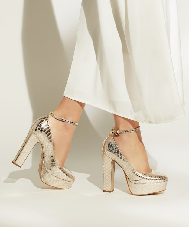 Dune London Artist - Gold Ankle-Strap Metallic-Leather Platform Courts