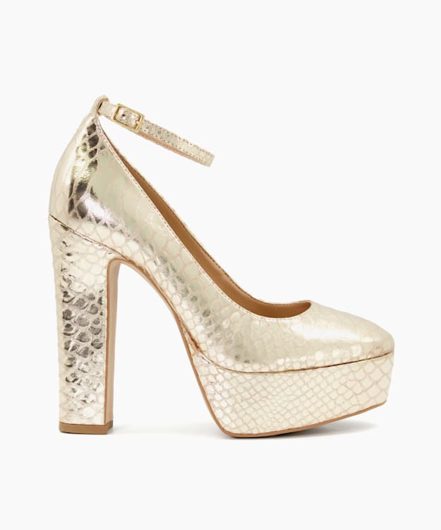 dune london Artist - Gold Ankle-Strap Metallic-Leather Platform Courts