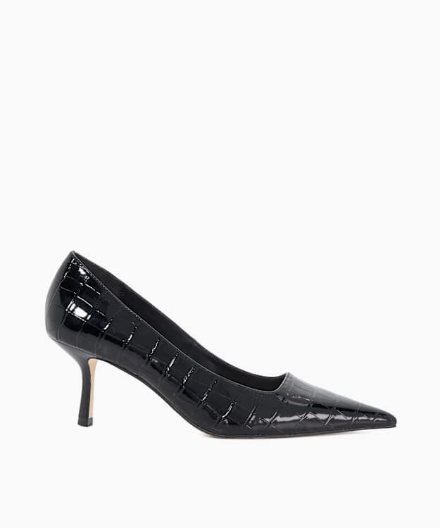 dune london Bexton - Black Pointed Toe Reptile Effect Court Shoes
