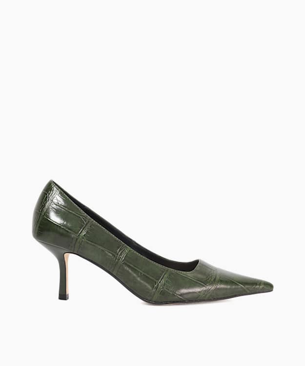 dune london Bexton - Green Pointed Toe Reptile Effect Court Shoes
