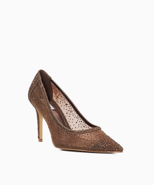 Dune London Brightest - Dark Brown Mesh Diamante Court Shoes