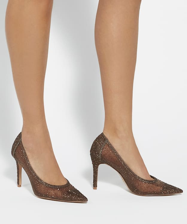 Dune London Brightest - Dark Brown Mesh Diamante Court Shoes