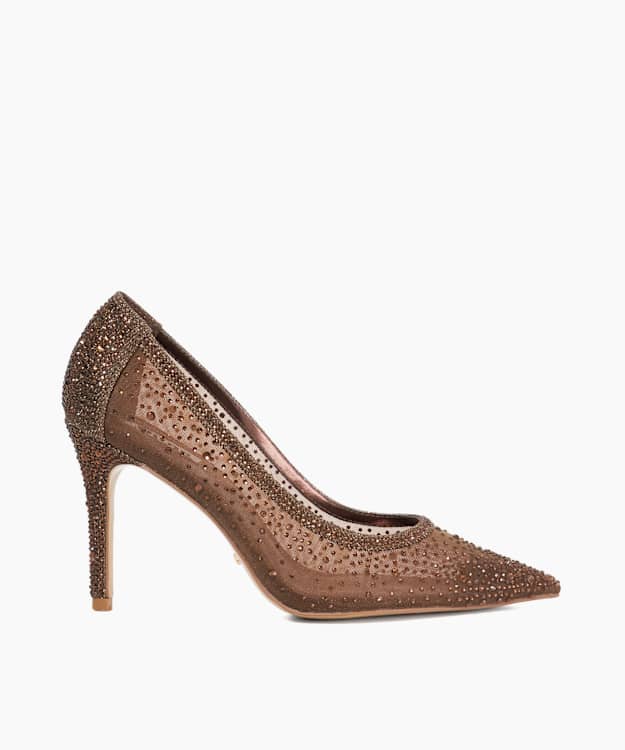 dune london Brightest - Dark Brown Mesh Diamante Court Shoes