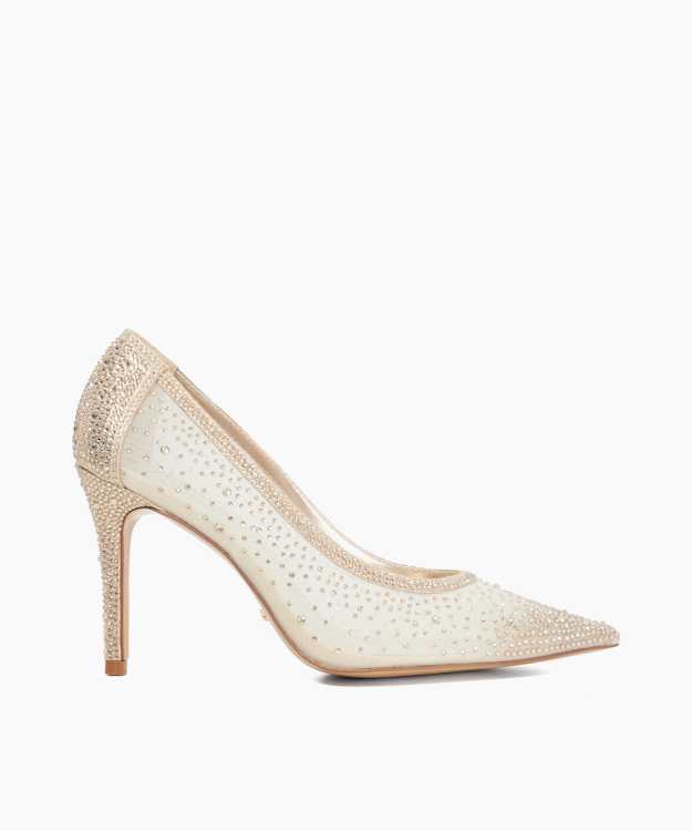 dune london Brightest - Gold Mesh Diamante Court Shoes