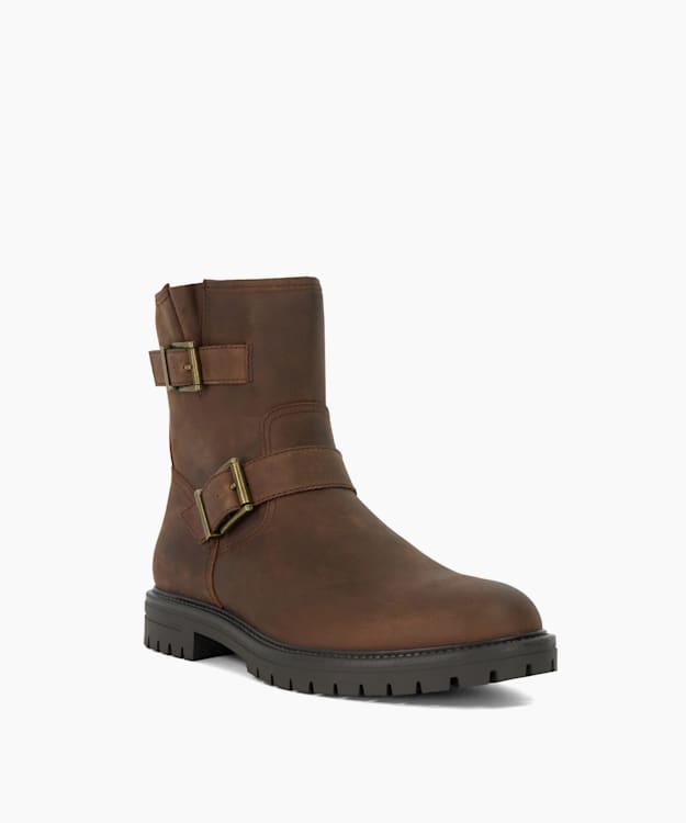 Dune London Calvin - Chestnut Chunky Buckle Biker Boots