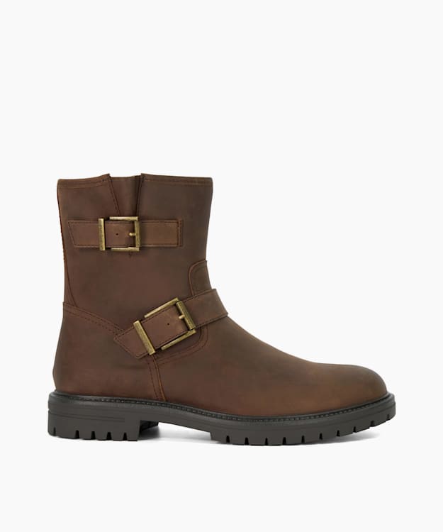 dune london Calvin - Chestnut Chunky Buckle Biker Boots