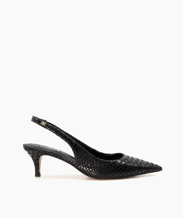 dune london Capitol - Black Reptile-Effect Leather Slingback Courts