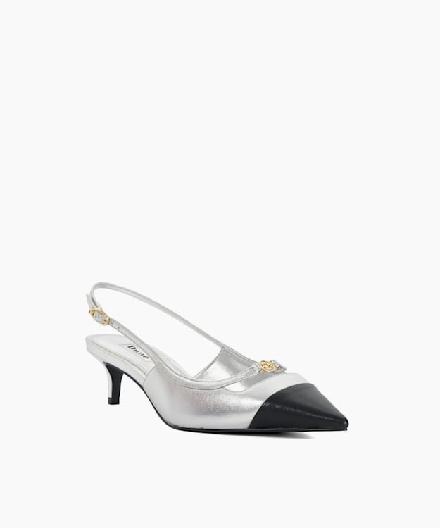 Dune London Capsule - Silver Contrast Toe Slingback Kitten Heel Sandals
