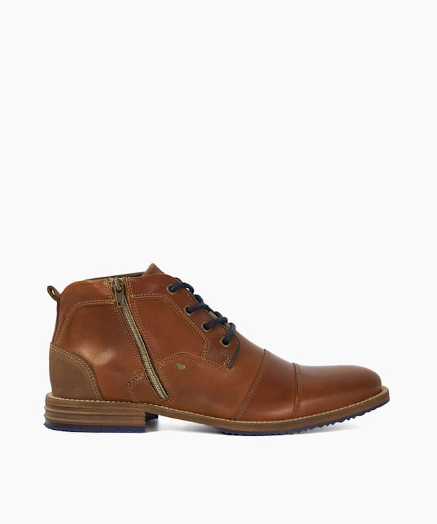 dune london Captains - Tan Double Toe Cap Detail Leather Boots