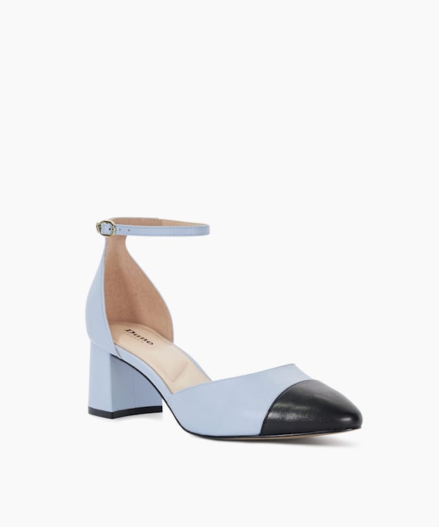 Dune London Careless - Blue Leather Block Heel Ankle Strap Courts