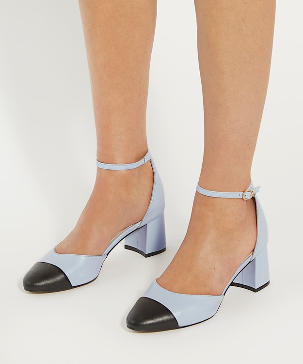 Dune London Careless - Blue Leather Block Heel Ankle Strap Courts
