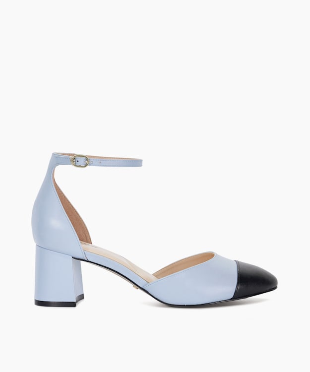 dune london Careless - Blue Leather Block Heel Ankle Strap Courts