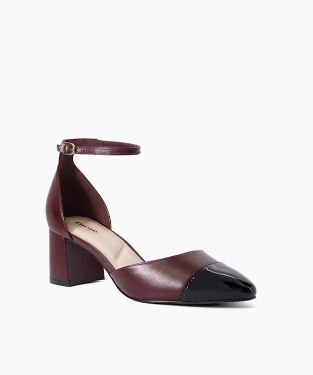 Dune London Careless - Burgundy Leather Block Heel Ankle Strap Courts