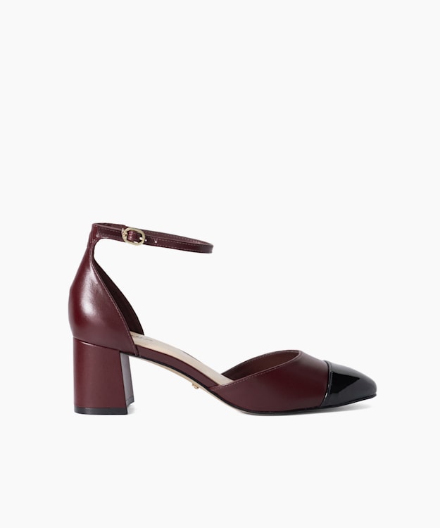 dune london Careless - Burgundy Leather Block Heel Ankle Strap Courts