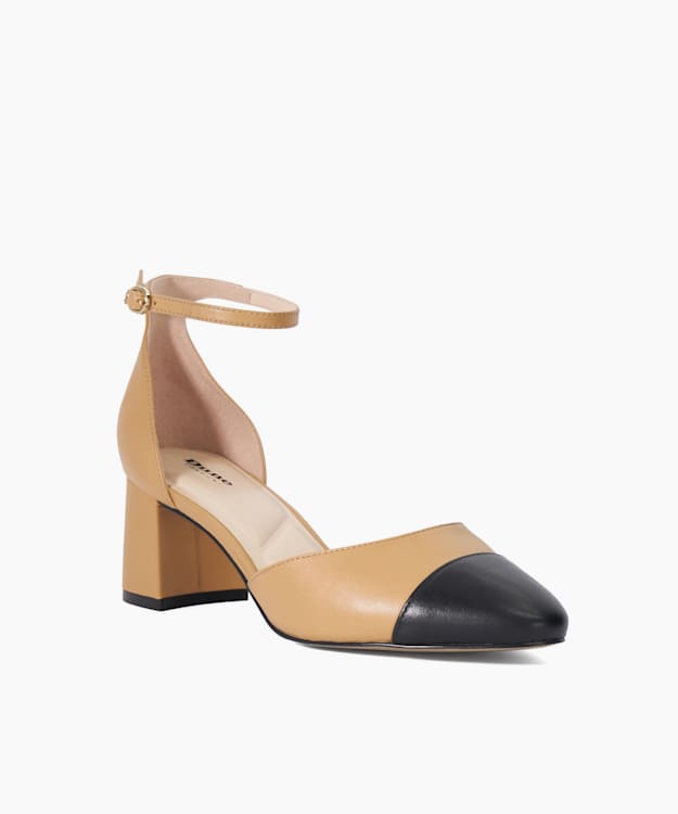 Dune London Careless - Camel Leather Block Heel Ankle Strap Courts