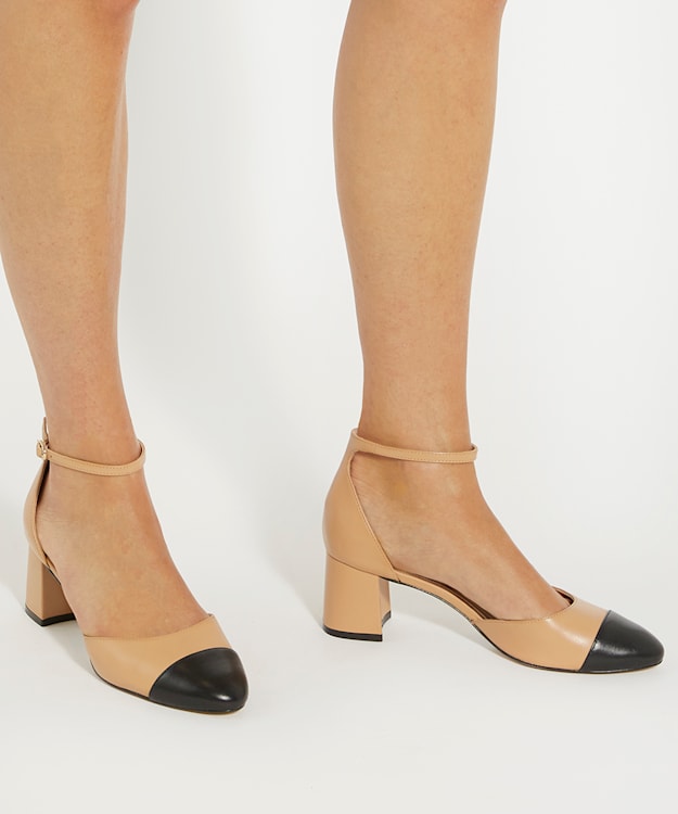 Dune London Careless - Camel Leather Block Heel Ankle Strap Courts