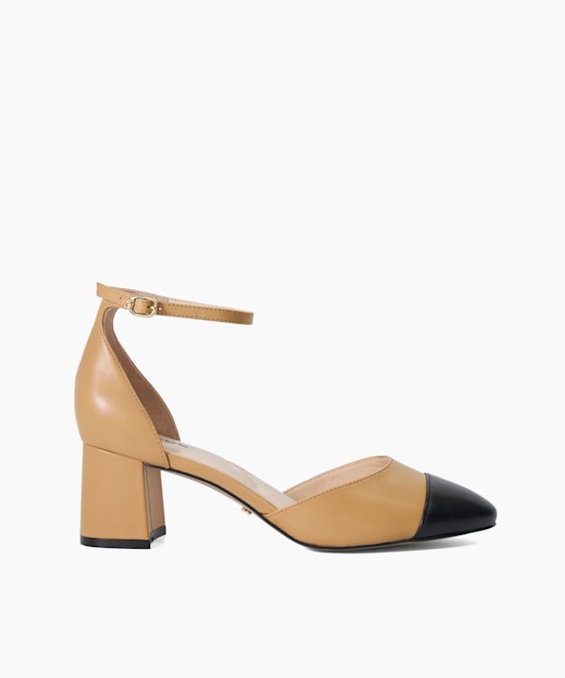 dune london Careless - Camel Leather Block Heel Ankle Strap Courts