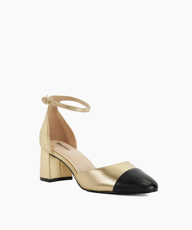 Dune London Careless - Gold Leather Block Heel Ankle Strap Courts