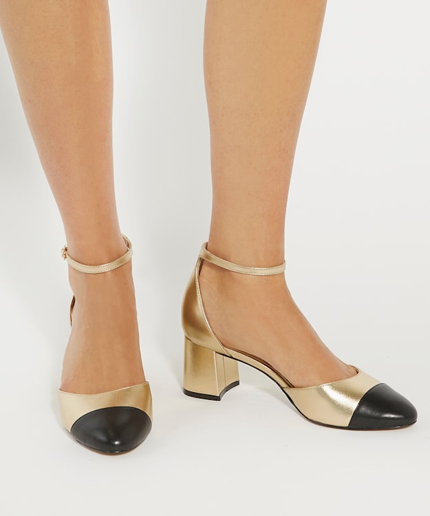 Dune London Careless - Gold Leather Block Heel Ankle Strap Courts