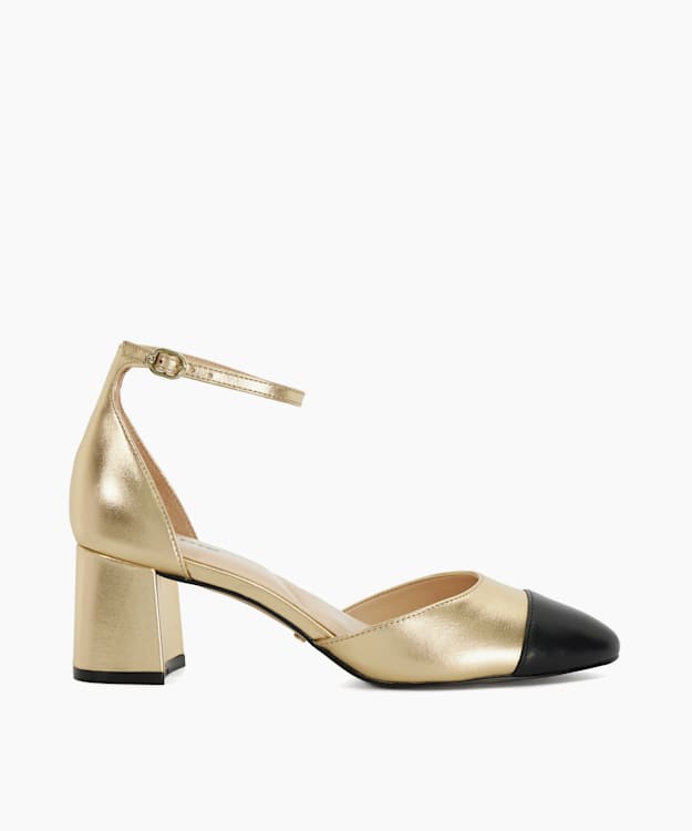 dune london Careless - Gold Leather Block Heel Ankle Strap Courts